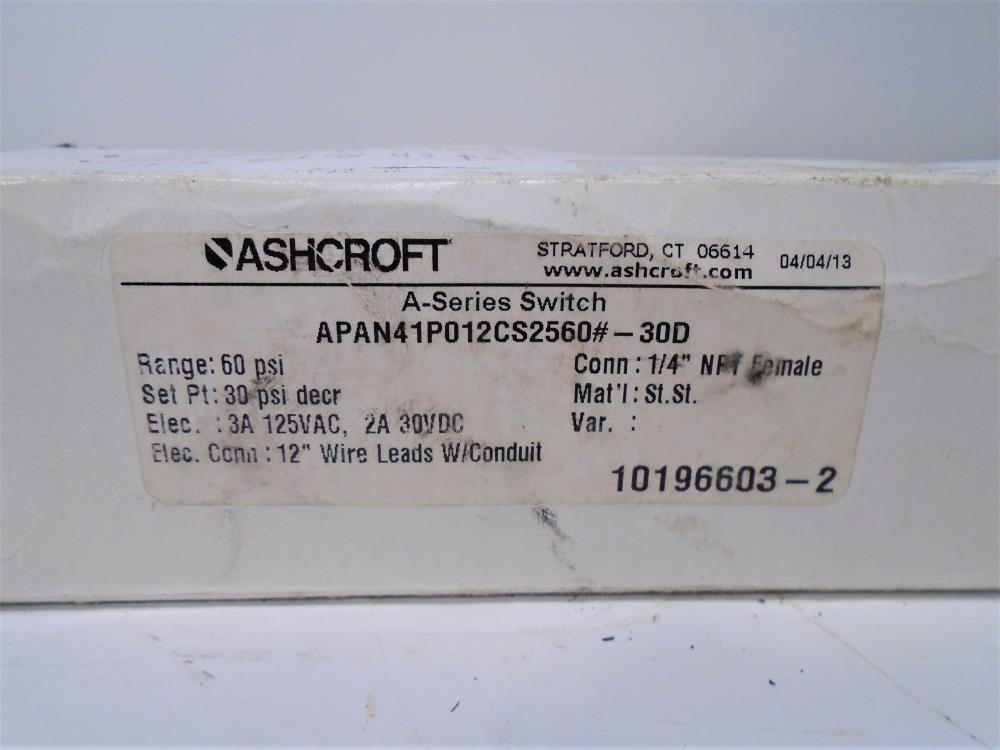 Ashcroft A- Series 60 PSI Pressure Switch APAN41P012CS2560#-30D, Single SPDT